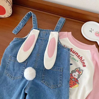 Cute Kids Girls Overalls 0-6Years Children Bunny Ear Ball Loose Denim Jumpsuit Suspender Pant Jeans Outwear Autumn Clothes