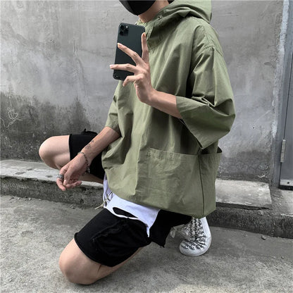 Summer Thin Section Hoodies Men's Solid Color Casual Couple Hooded Sweatshirt Men Streetwear Loose Hip Hop Short Sleeve Hoodie