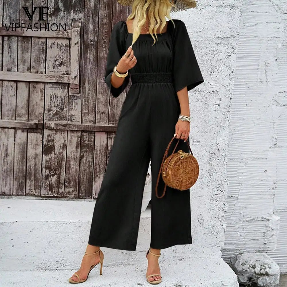 VIP FASHION Apricot Women Jumpsuits Spring Summer Office Lady Wear Burgundy Dark Brown Folds Casual Suit Wide Leg Pants Clothing