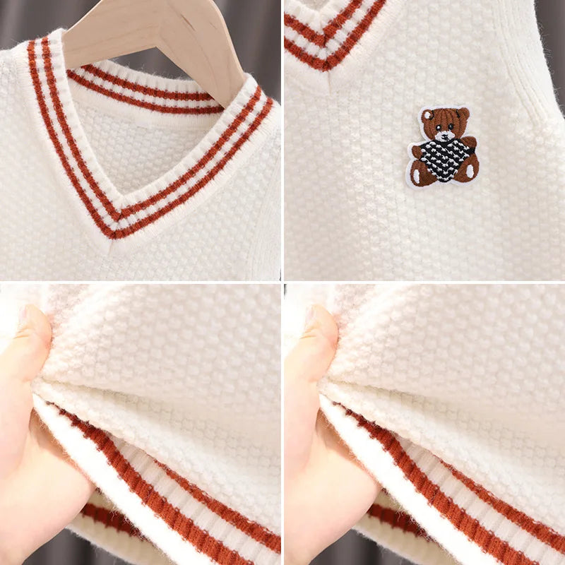 Spring Autumn Baby Boys Waistcoat Cartoon Bear V-collar Knitted Infant Boy Vest Kid Boy Ribbed Preppy Style Sleeveless Pullovers