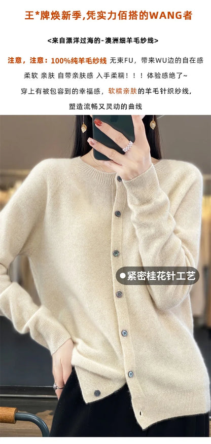 2024Spring and Autumn  New 100% pure merino cashmere sweater women's O-neck cardigan loose long-sleeved sweater top