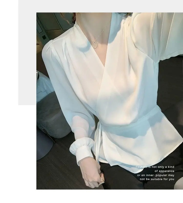 Shirt Temperament Long Sleeved Autumn Top Solid Color Year Lace Up Women's New Collection Waist Cross Chiffon Shirt Fashionable