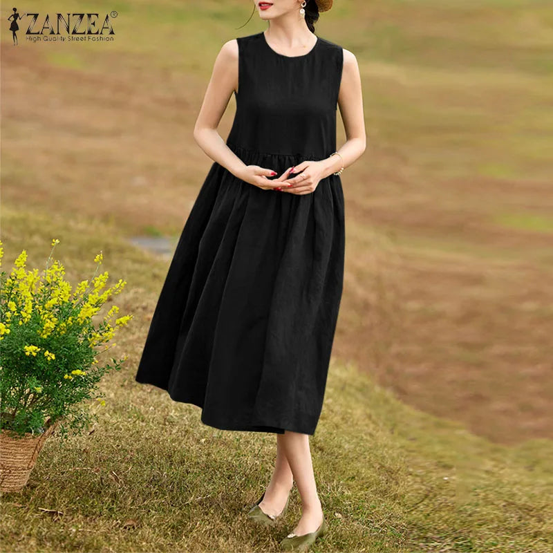 ZANZEA 2024 Summer Women Crew Neck Sleeveless Cotton Dreeses Casual Loose Dress Vintage A-line Vestidos Holiday Baggy Midi Robes