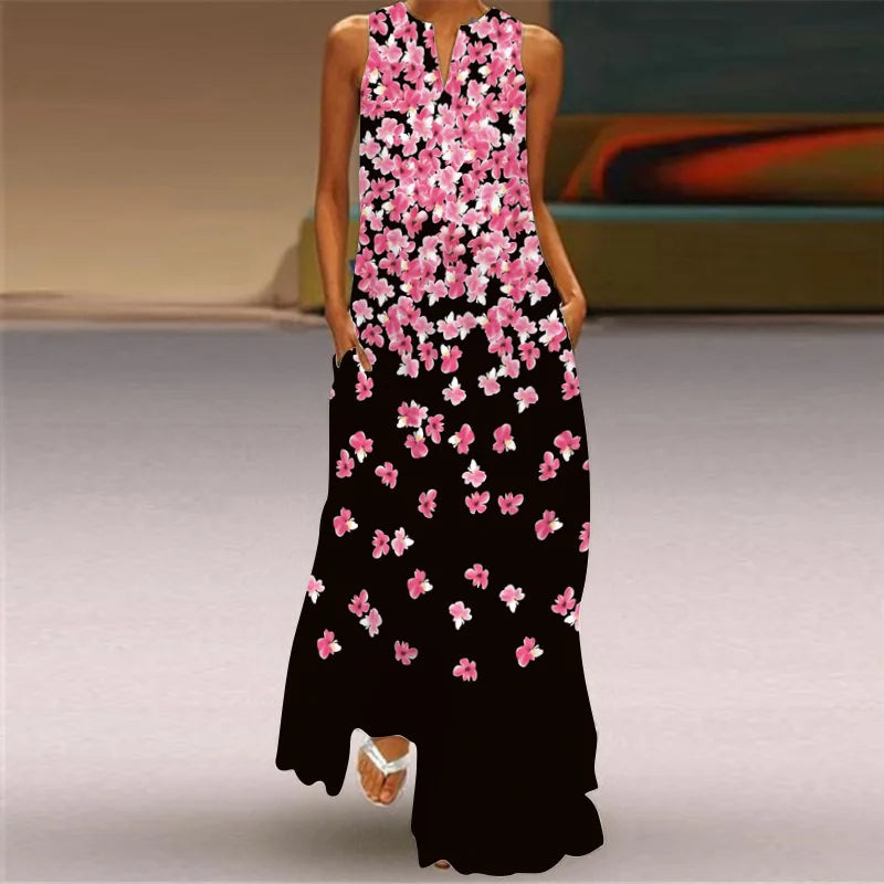 Fashion V-Neck Printed Sleeveless Women Maxi Dress Summer Casual Loose Straight Beach Long Dresses Ladies Sundress Lady Vestidos