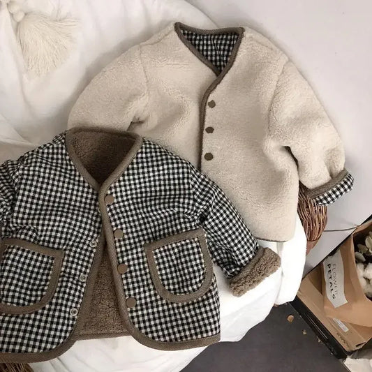 HoneyCherry Autumn and Winter New Warm Jacket Children Two Sides Wear Plaid Plush Jacket Kids Jackets