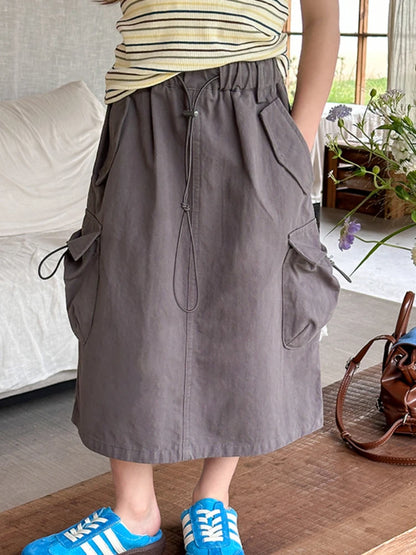 Girl Mid-length Skirt Children Clothing Kids Casual Cargo Skirt Fashion Personality Slit Solid Color Pocket Half Frock Summer