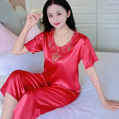 Summer Women Short Sleeve V Neck Pajamas Set Large Size Lace Home Clothes Imitation Silk Nightwear Pants Sleepwear Suit M-3XL