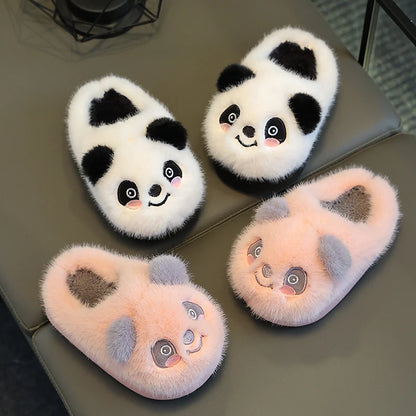 New Winter Warm Cute Cartoon Panda Indoor Mule Soft Non-slip Kids Fluffy Slippers For Boys And Girls Children Home Cotton Shoes