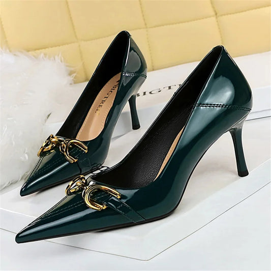 Women 7cm 10cm High Heels Wedding Bridal Replica Pumps Lady Scarpins Metal Chain Buckle Low Heels Stiletto Nude Green Prom Shoes