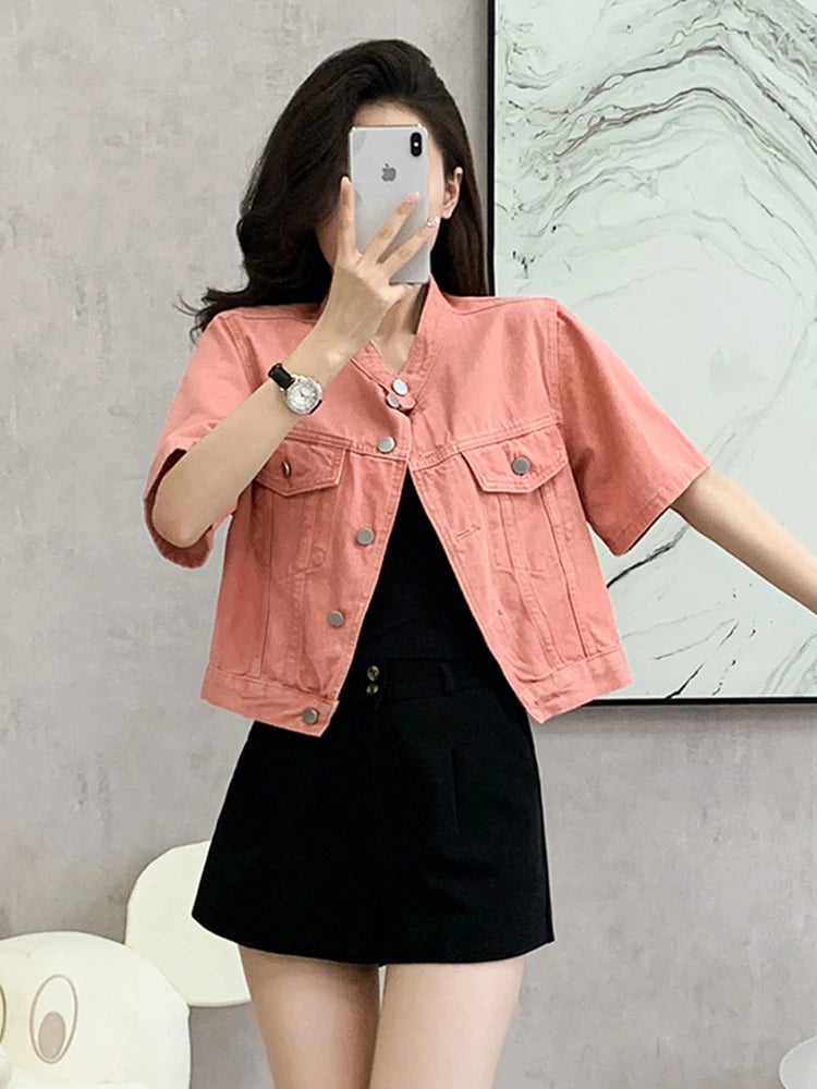 Pink Streetwear Summer Denim Coat Woman Casual O-Neck Short Sleeve Single-Breasted Thin Jeans Jacket Outwear