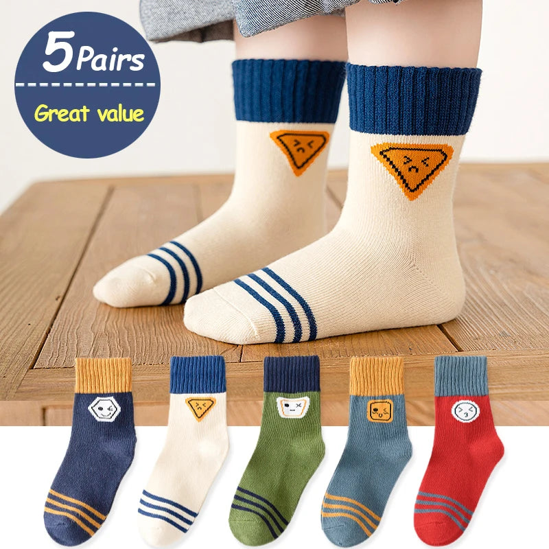 5Pairs 1-16Years Children Socks Cute Expression Anti-pilling Breathable Cotton Athletic Socks Boutique Kids Clothing Outerwear