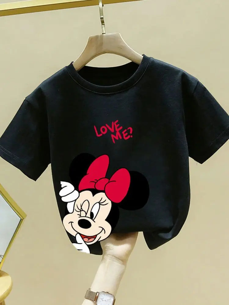 Minnie Printing T-shirt Babies Girls O-neck Bottoming Shirt Fashion Simple Cute Short Sleeve Tops Child Cartoon Clothes