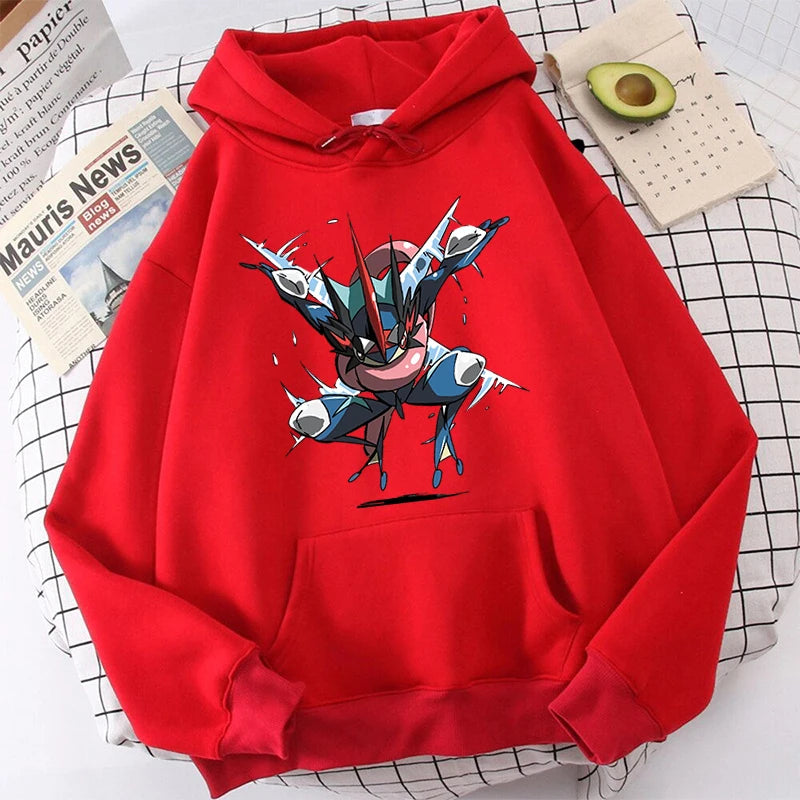 Pokémon Print Women's Plush Hoodie Red Sports Sweater Loose Top