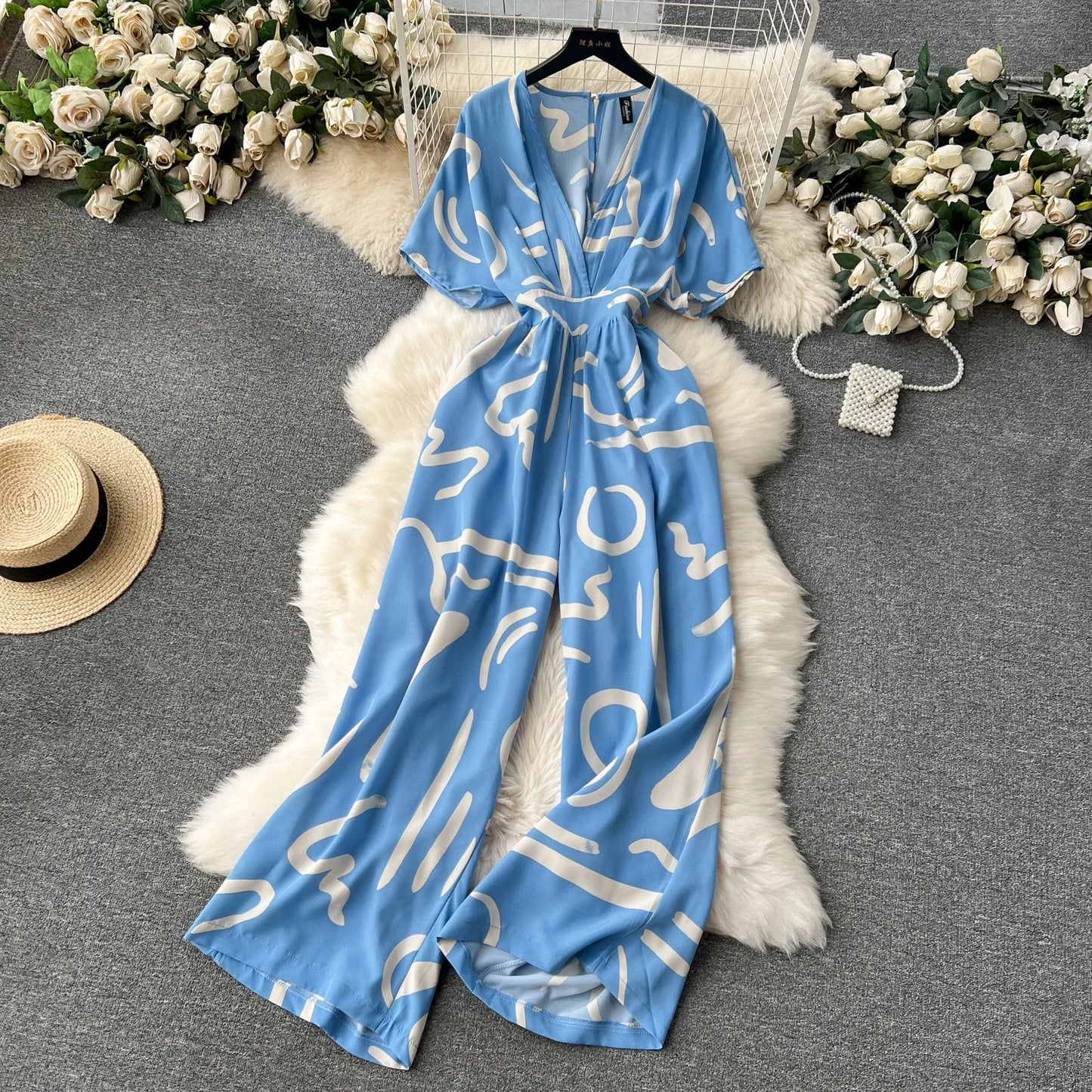 Summer Casual Women Printed Wide Leg Jumpsuit Female V-Neck Short Puff Sleeve High Waist Draped Loose Romper New Fashion