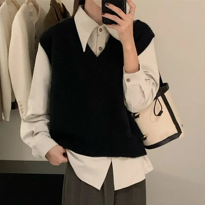 Women Knit Office Sweater Vest Loose Casual Pullovers Vest Bottoming Solid Sweater Vest For Women 2023 Autumn Winter