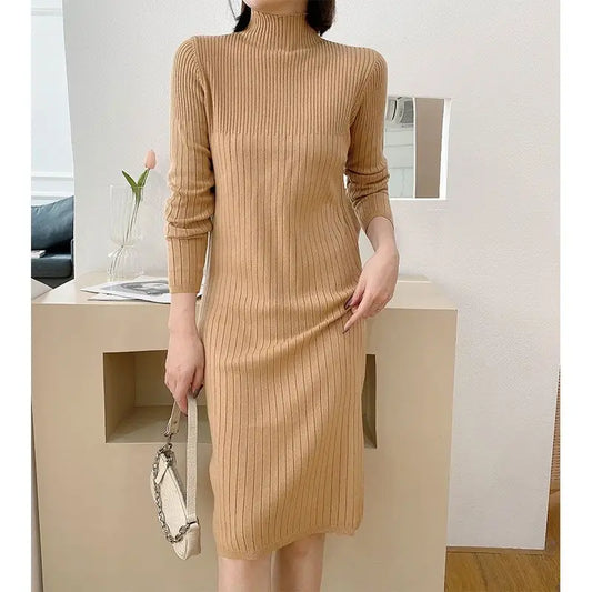 Autumn Winter New Fashion Long Sleeve Solid Half High Collar Sweaters Women's Clothing Loose All-match Knitting Trend Dresses