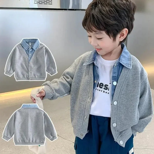 Children's clothing for boy Coat Spring Autumn Jacket Denim collar Patchwork top Fake two shirts Kids Outerwear 2-9 Y