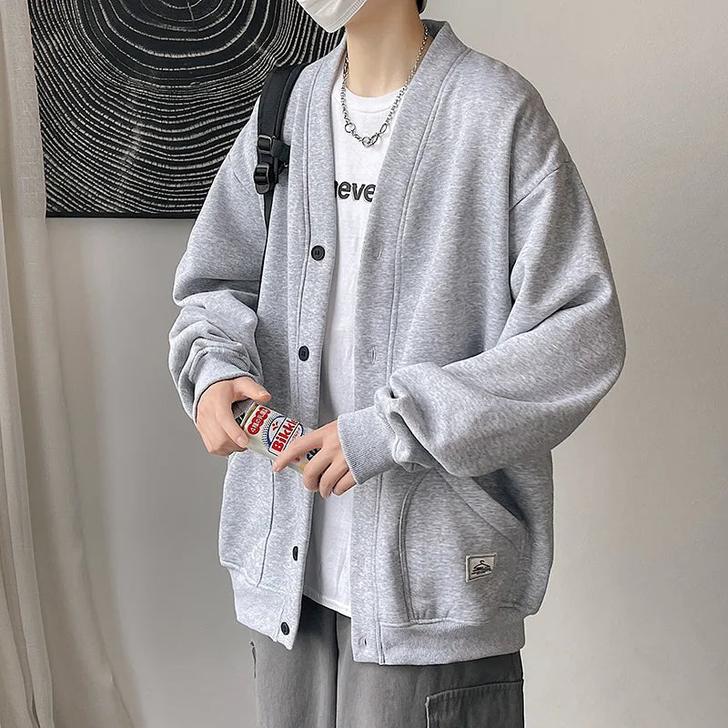 2023 Korean Sweatshirts Men Fashion Solid Color Style Hoodies Autumn Brand Casual Loose Coat Street Thick Warm Male Cardigans