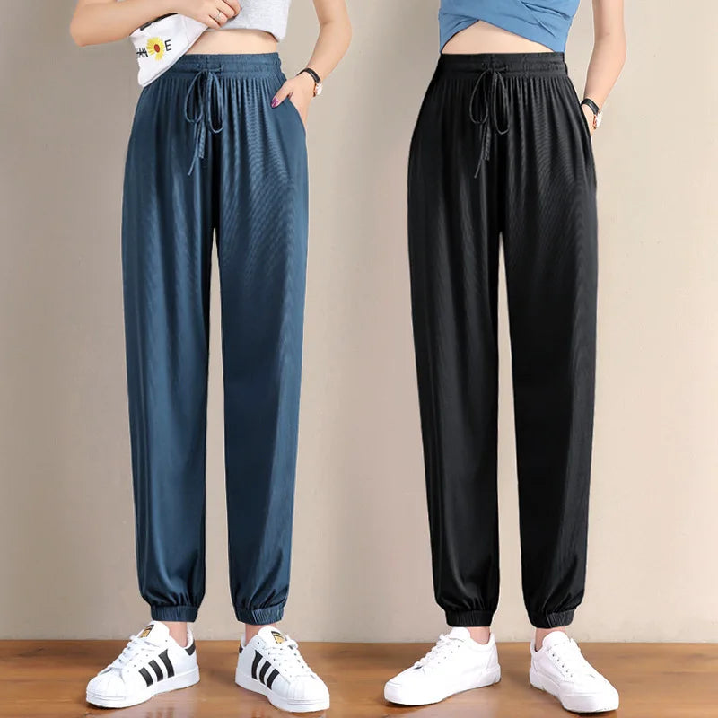 Hot Women's Wide Leg Pants Ice Silk Sweatpants Loose Bunched Feet Loose Leggings Thin Casual Sanitary Elastic Slacks Pants