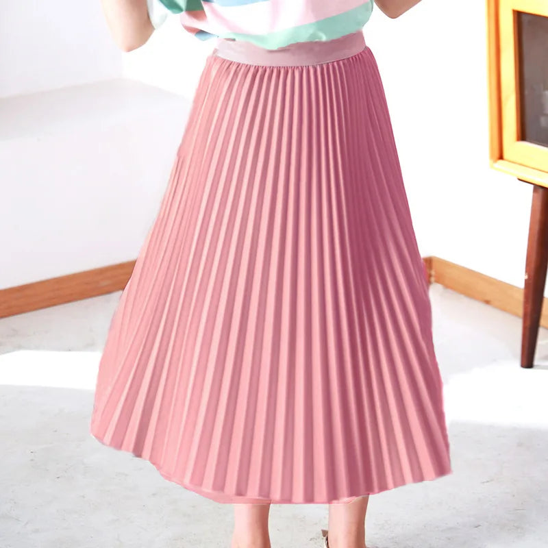 Summer 2024 Girls Long Pleated Skirt Solid Casual All-match Skirt for Kids 12 13 14 Years Trendy Teens Students Children Skirts