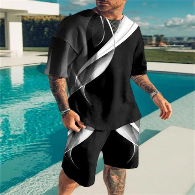 Summer Beach Men's Tshirt Set 3D Print Geometric Pattern Men Woman Round Neck T-Shirt Shorts Two Piece Set Casual Man Clothing