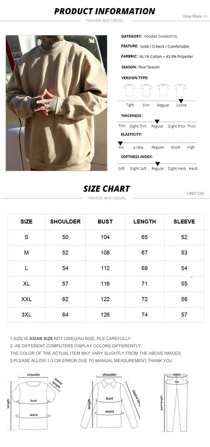 Simple Design Round Neck Sweatshirt Men Loose Streetwear Pullover Male Hoodies Black Beige Pink