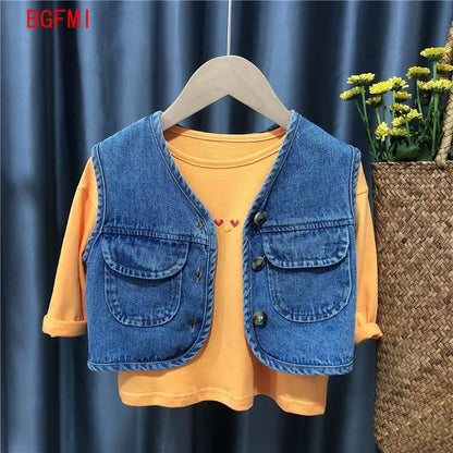 Toddler and Baby Girls Boys Thin Single-Breasted Denim Vest Jackets Child Waistcoat School Kids Outfit Tops 1-7 Years