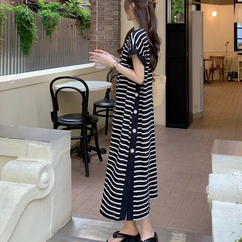 2024 New Casual Korean Striped O-neck Short Sleeve Long Dress Ladies Simplicity Patchwork Loose Tshirt Dress Women Clothing