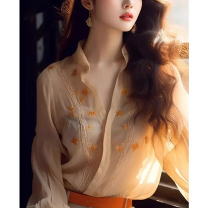 French Women Gentle Chiffon Shirt Unique Floral Long Sleeved Spring New Embroidery V-neck All-match Elegance Comfortable Tops