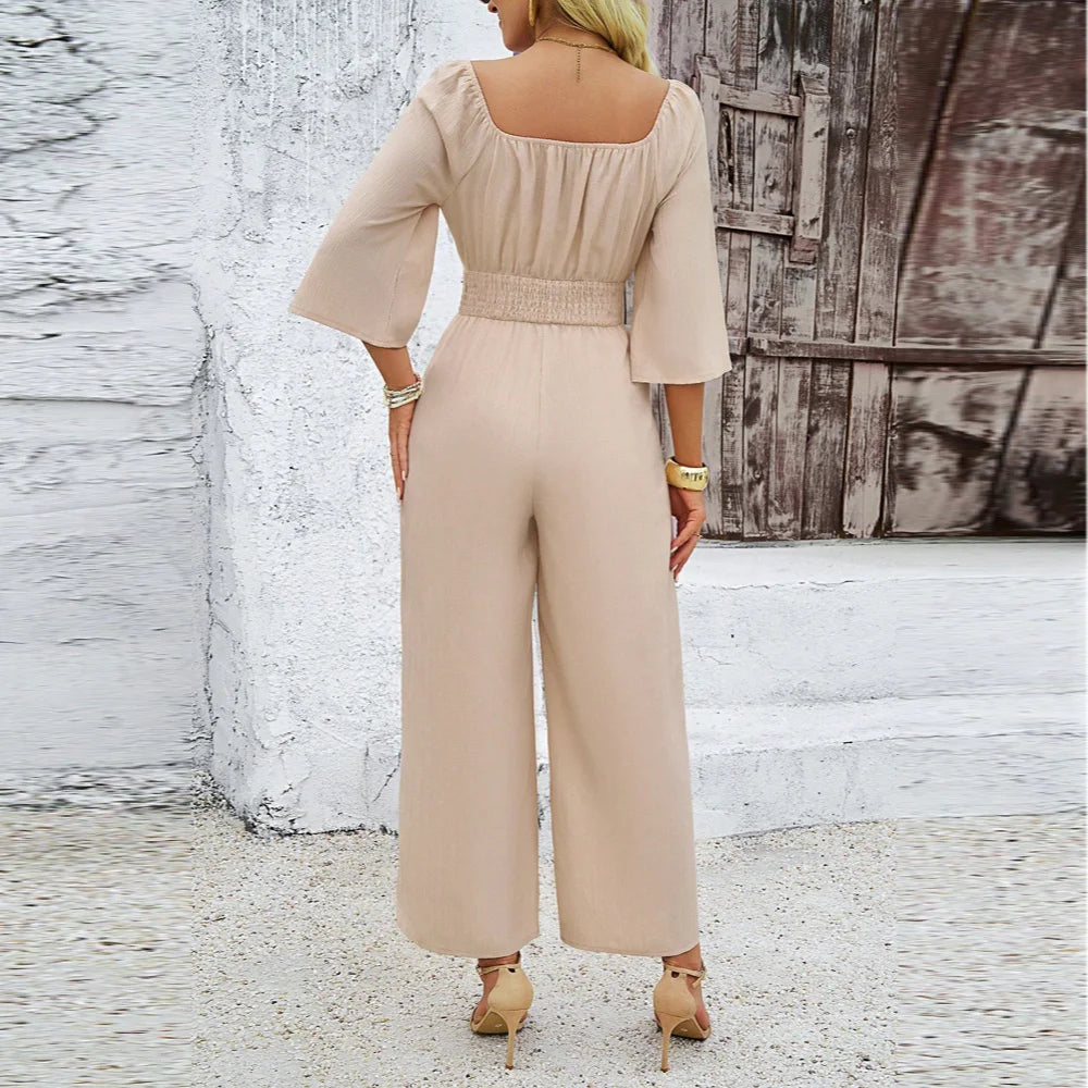 VIP FASHION Apricot Women Jumpsuits Spring Summer Office Lady Wear Burgundy Dark Brown Folds Casual Suit Wide Leg Pants Clothing