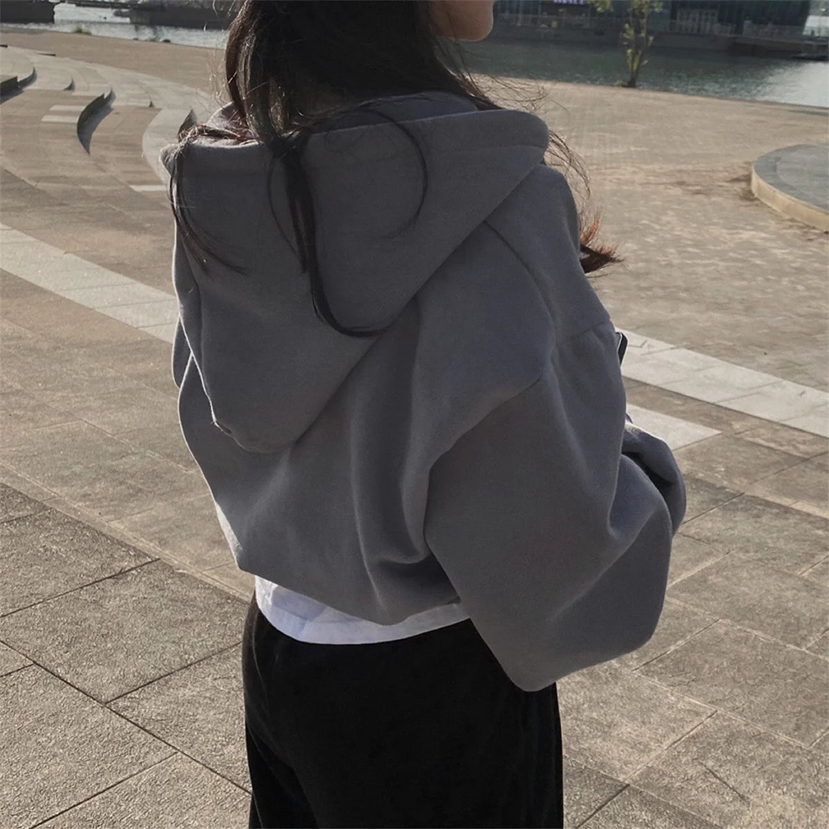 Women Casual Hoodies Autumn Retro Solid Color Zip Up Oversized Sweatshirts Harajuku Long Sleeve Hooded Loose Short Jackets Coat