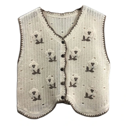 Boho Women Crochet Knit Vest Waistcoat Vintage Colorful Floral Pattern Sleeveless Cardigan for Jacket Hippie V-Neck Crop