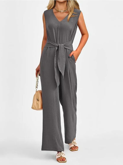 Women's Fashionable and Elegant Style Solid Color Women's Clothing Elegant V-neck Wide Leg Jumpsuit Sleeveless Jumpsuit