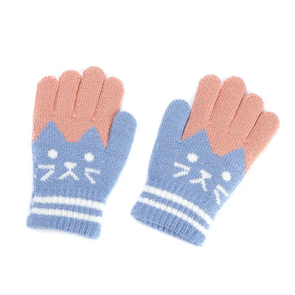 Winter Knitted Children's Gloves 4-10 Years Warm Soft Wool Cartoon Cat Kids Gloves Unisex Boys Girls Full Finger Mittens