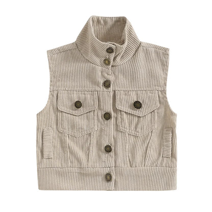 Infant Boys Corduroy Vest with Lapel Collar and Button Down Front Sleeveless Winter Outwear Waistcoat for Newborns