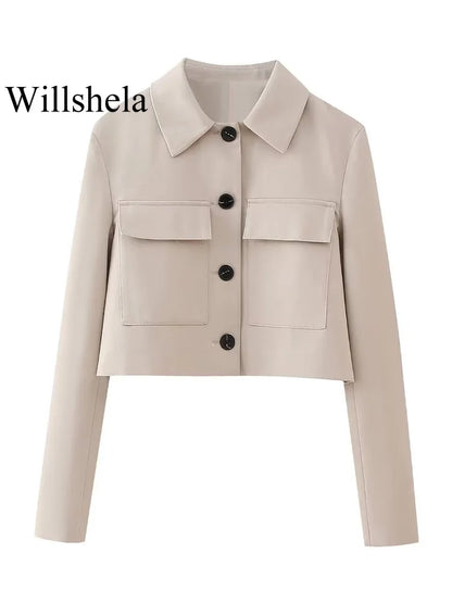 Willshela Women Fashion Two Piece Set Khaki Blazer With Pockets & Vintage Front Zipper Trousers Feamle Chic Lady Pants Sets