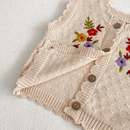 Autumn Winter 100% Cotton Children Knitted Cardigan Hollow Out Vest Kid Girl Embroidery Flower Tops Waistcoat Baby Casual Coat