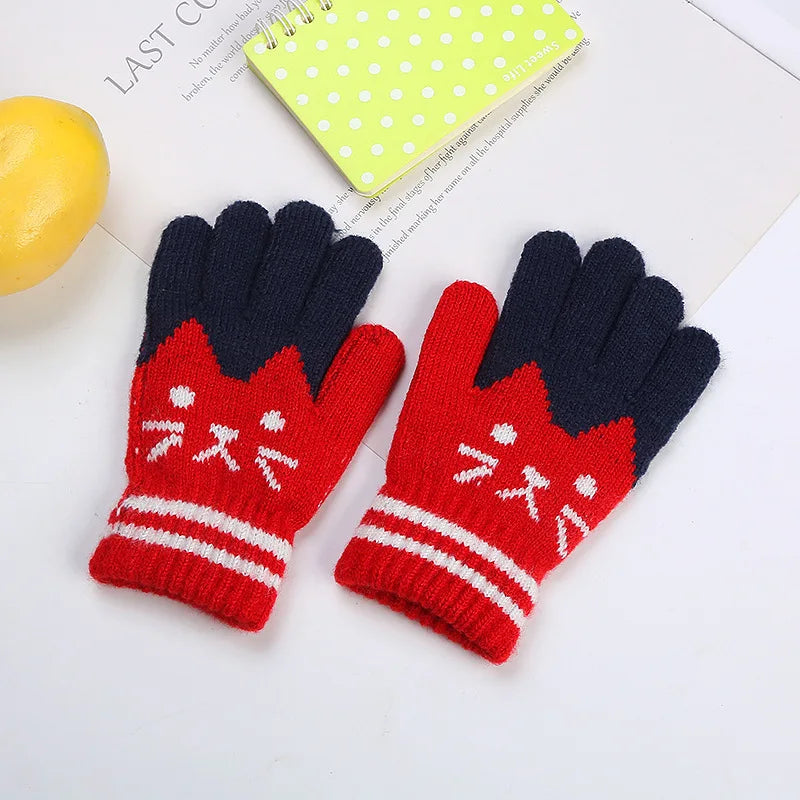 Winter Knitted Children's Gloves 4-10 Years Warm Soft Wool Cartoon Cat Kids Gloves Unisex Boys Girls Full Finger Mittens