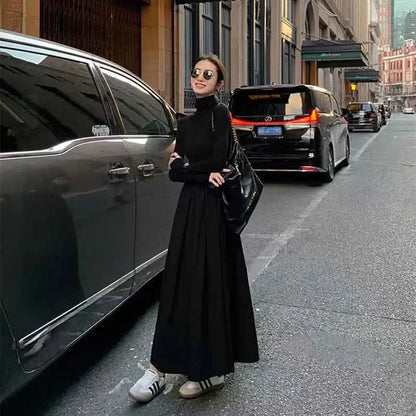 Hepburn Style Women Dress High Waist Elegant Black Midi Dress Fashion Korean Half High Collar Long Sleeve A Line Dress Autumn