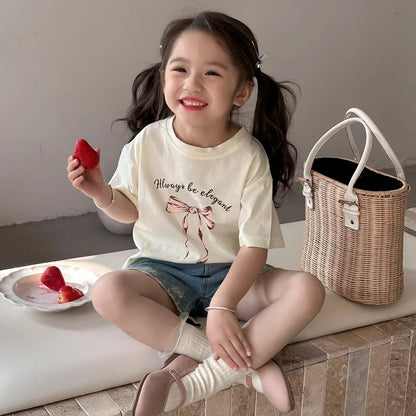 INS Korean Baby Tshirt 2024 Summer New Girl's Bow Ribbon T Shirt Children Fashion Short-sleeved Tops or White Skirt