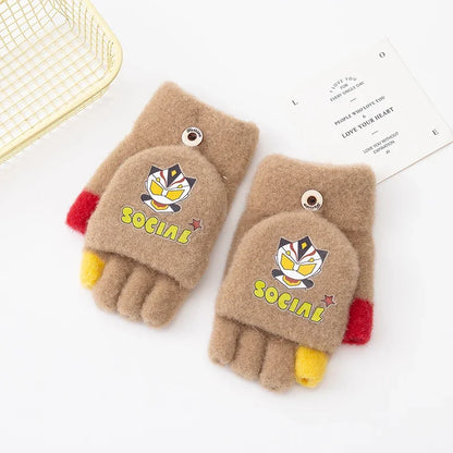 5-12Y Cute Children Gloves Winter Autumn Half Finger Flip Cover Warm Boy Girl Mittens Cartoon ultraman Kids Cycling Gloves