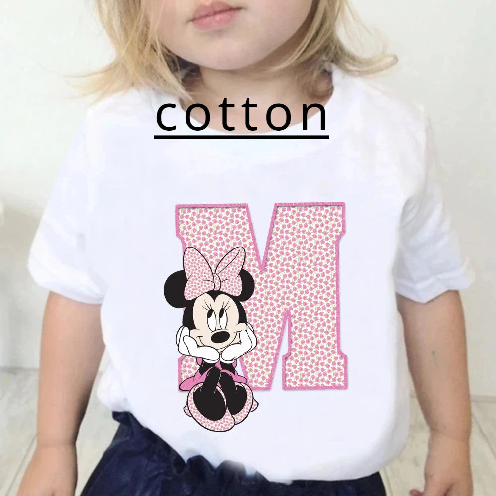 Minnie Children Cotton T-Shirts Letter A-Z Name Combination Disney Kawaii Cartoons Clothes Kids Little Boy Girl Tee Casual Tops