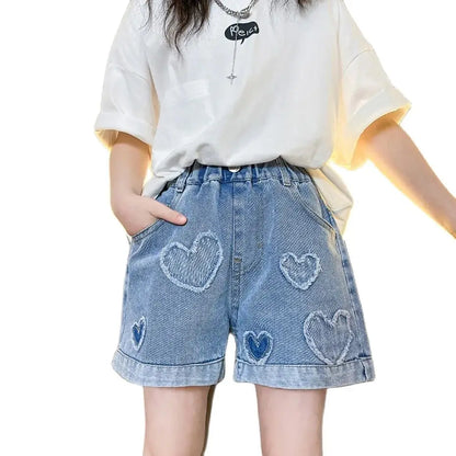 Girls Denim Short Heart Pattern Jeans For Girls Summer Children Jeans Casual Style Kids Clothes 6 8 10 12 14