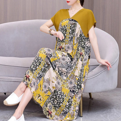 New Fashion 2024 Women Summer Dresses V-neck Casual Print Vintage Plus Size  Female Dresses