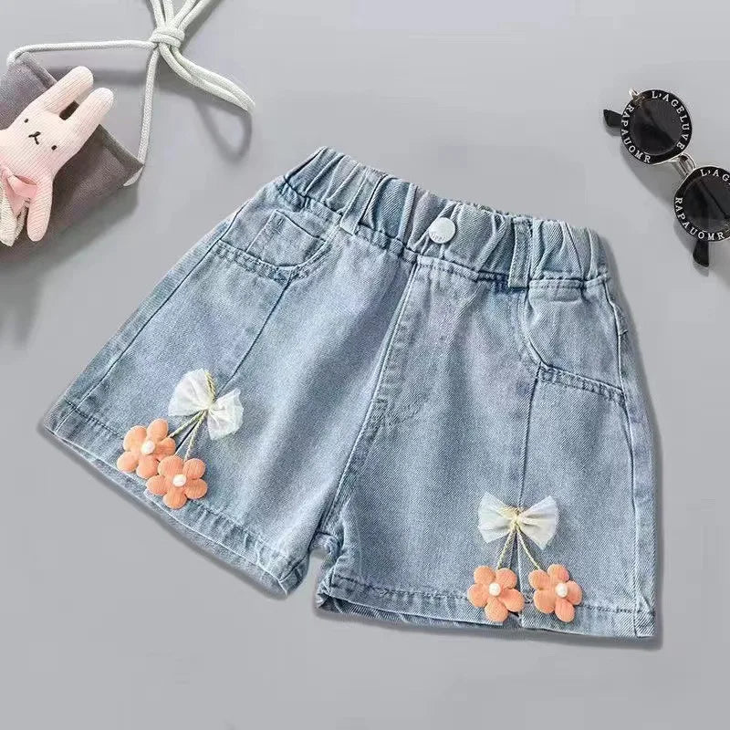 V-TREE Girls Denim Shorts Teenage Girl Summer Lace Pants Kids Bow Clothes Children Flowers Embroidery Jean Short For Teenager