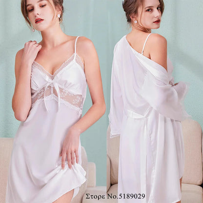 Pin Bow Nightgown Sexy Intimate Lingerie Female Kimono Bathrobe Gown Rayon Sleepwear Lace Trim Nightwear Sleepshirt Loungewear