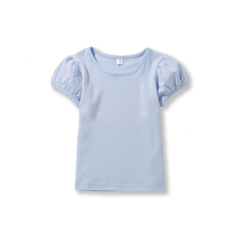 Girls' 100% Cotton Short Sleeve Summer Puff Tee T shirts for School & Play Toddler Teenagers Casual Tops Tees Solid 1-14Yrs