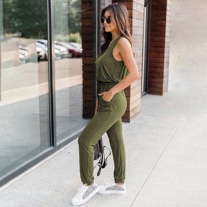 Summer Women's Sleeveless Drawstring Jumpsuit Versatile and Casual Solid Jumpsuit Solid Women Casual Streetwear