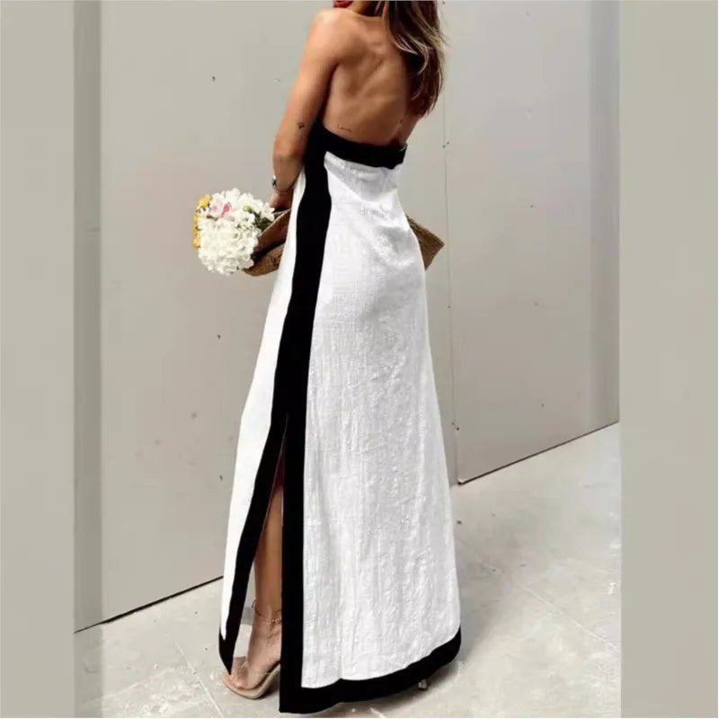 Summer Sexy Women's Dress New Style Cotton Linen Backless Halterneck Slit Vintage Boho Prom Dresses For Women Maxi Robe Femme