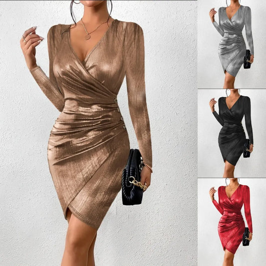 Elegant Women's V-Neck Split Wrapped Hip Dresses Spring Long Sleeve Slim Evening Dress Vestidos Mujer Sexy Bodycon Bodycon Dress